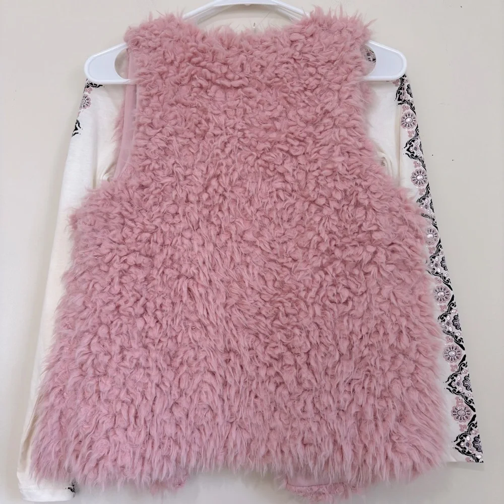 Belle Du Jour Girls Pink Bonnie Faux Fur Vest & White long sleeve Tee 2 Pcs set